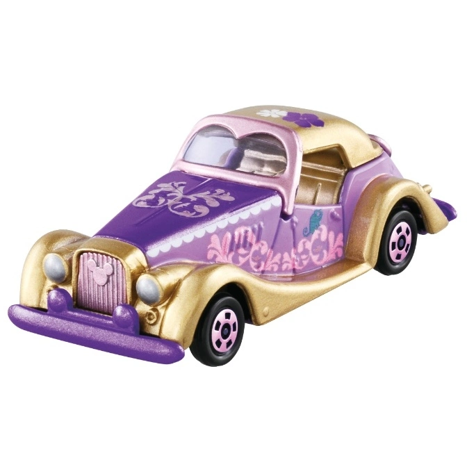 Purple and gold toy car with floral designs and a Mickey Mouse emblem on the grill.