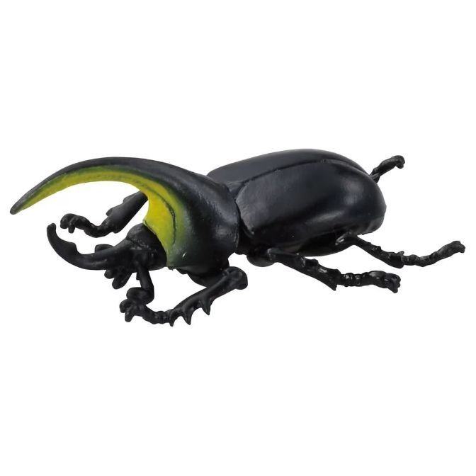 Black rhinoceros beetle toy with yellow horn.