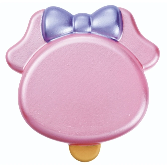  Pink toy with a purple bow and yellow bell. Looks like a baby toy.