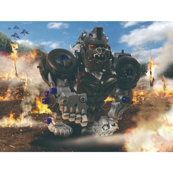  A gorilla-like robot toy with a rider stands amidst explosions, showcasing its detailed design and battle setting.