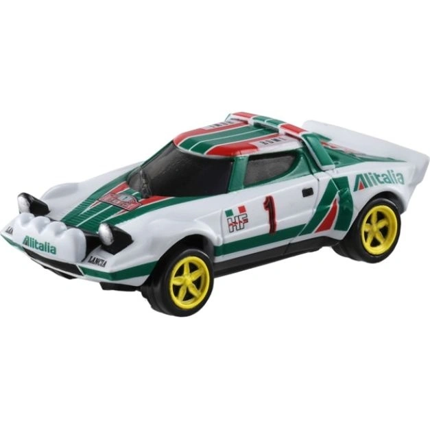 White Lancia Stratos toy car with Alitalia livery and number 1.