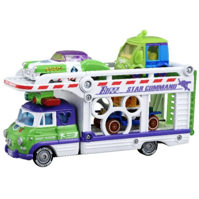  Toy Story car carrier with Buzz Lightyear and alien cars, plus a blue ATV.
