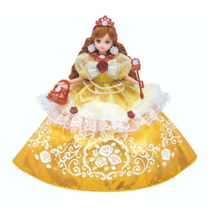 Belle doll in yellow gown with purse and wand, wearing a crown.