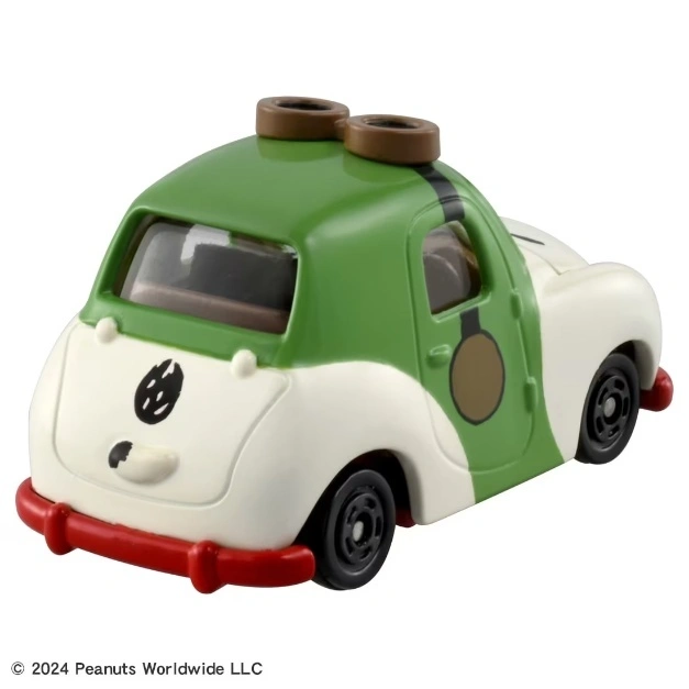  Green and white toy car with goggles on top and a red bumper.
