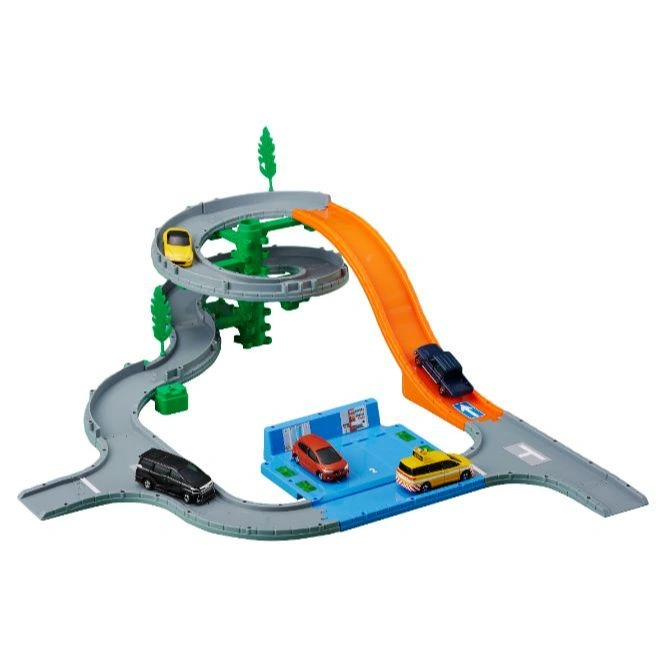 Toy car playset with winding roads, ramp, parking area, and miniature vehicles.