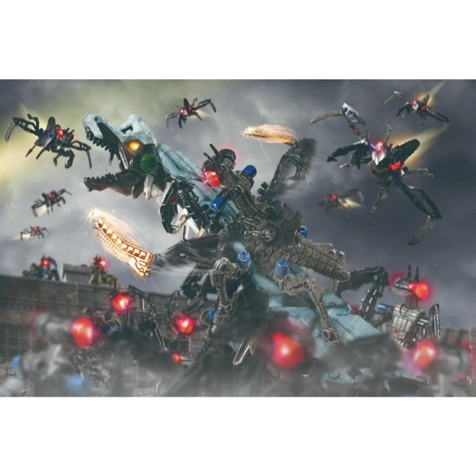  Zoids toy battle scene with dragon-like robot and spider drones, sparks flying.