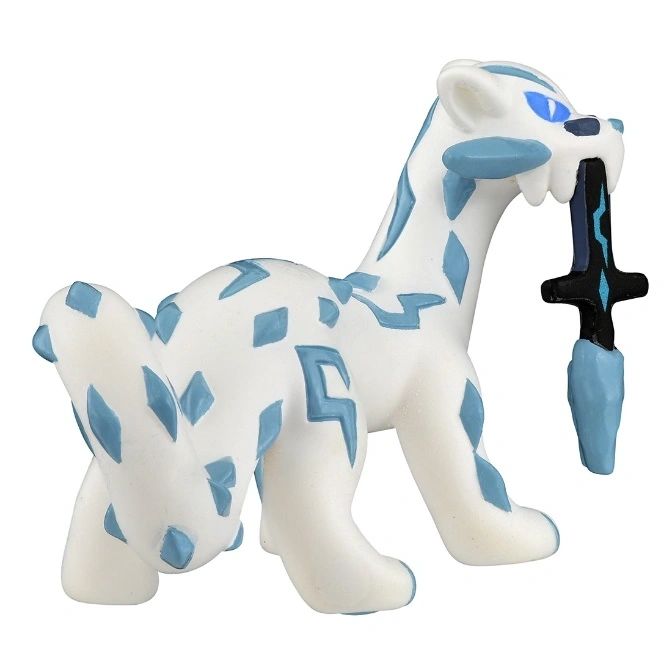  White toy tiger with blue markings holding a black and blue sword in its mouth.