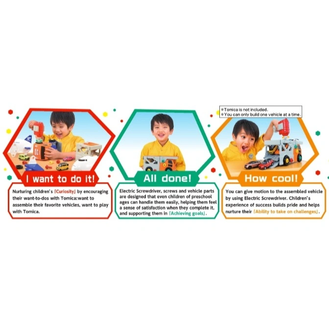  Tomica build-it-yourself toy set with child assembling vehicles using a screwdriver.