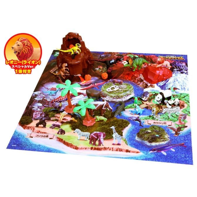  Toy playset with volcano, dinosaurs, and animals on a map-themed playmat.