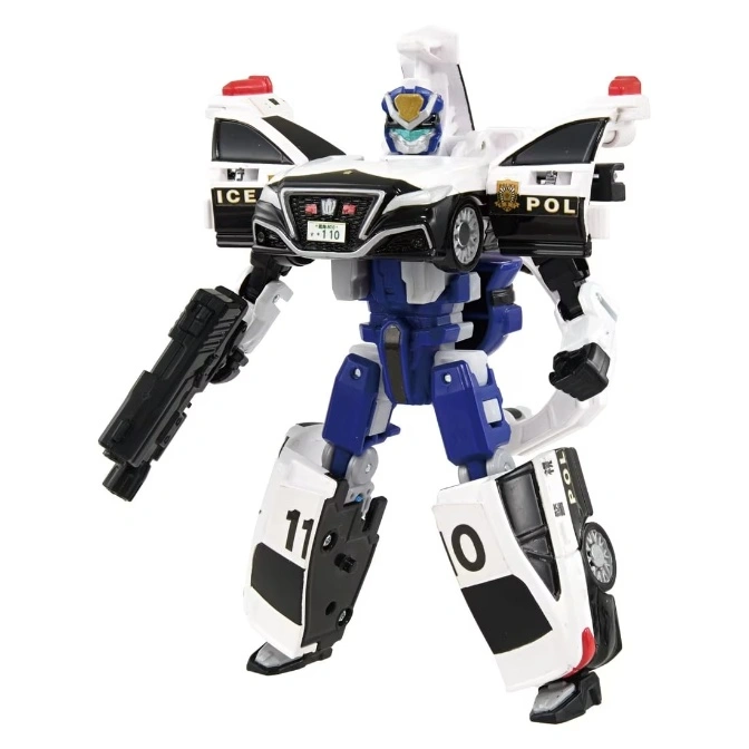 Police car transformer toy robot with black gun, white and blue color scheme.