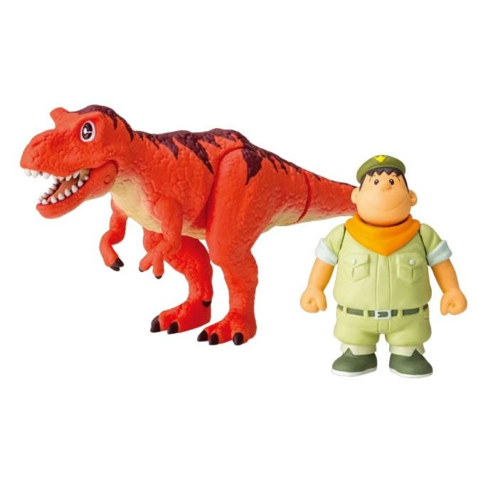 Toy set with an orange T-Rex dinosaur and a khaki-clad cartoon explorer figure.