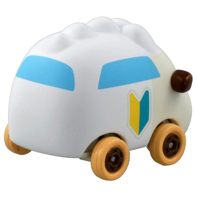  White toy car with blue windows, yellow and blue badge, and brown wheels.