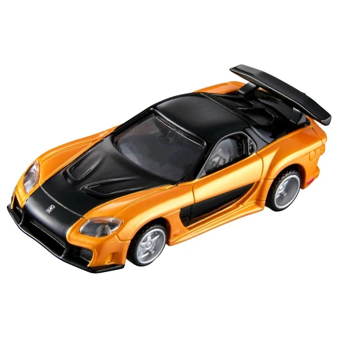 Orange and black toy Mazda RX-7 with spoiler.
