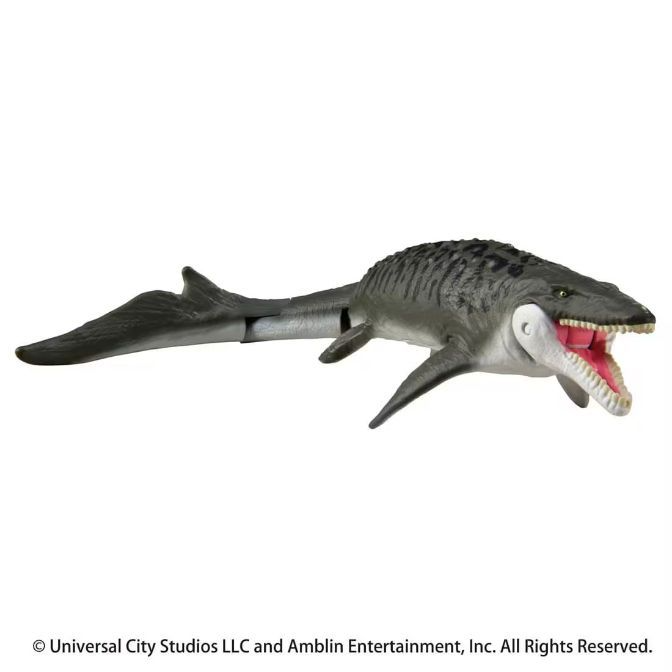  Grey Mosasaurus toy with an open mouth showing pink gums and white teeth.