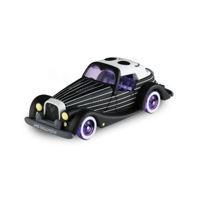 Jack Skellington toy car with black and white stripes, purple windows and wheels.