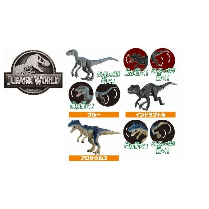  Jurassic World dinosaur toys: Blue, Indoraptor, and Allosaurus. Mouth and tail action shown.