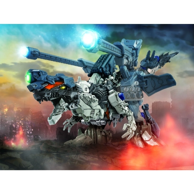  Zoids Death Stinger robot toy with glowing cannons in a destroyed city.