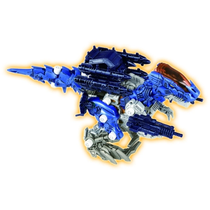  Blue Zoids toy with weapons, dinosaur-like appearance, and intricate mechanical details.