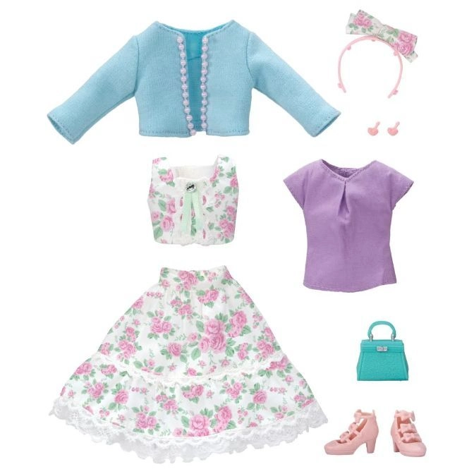  Doll clothes set: blue jacket, floral skirt and vest, purple top, pink shoes, purse, headband, and earrings.