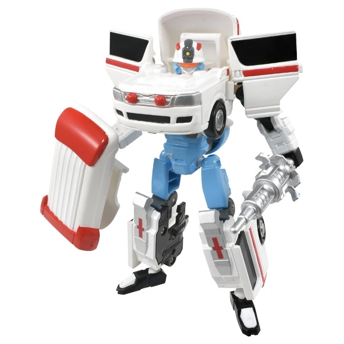  Transformer toy robot in white, red, and blue, resembling an ambulance.