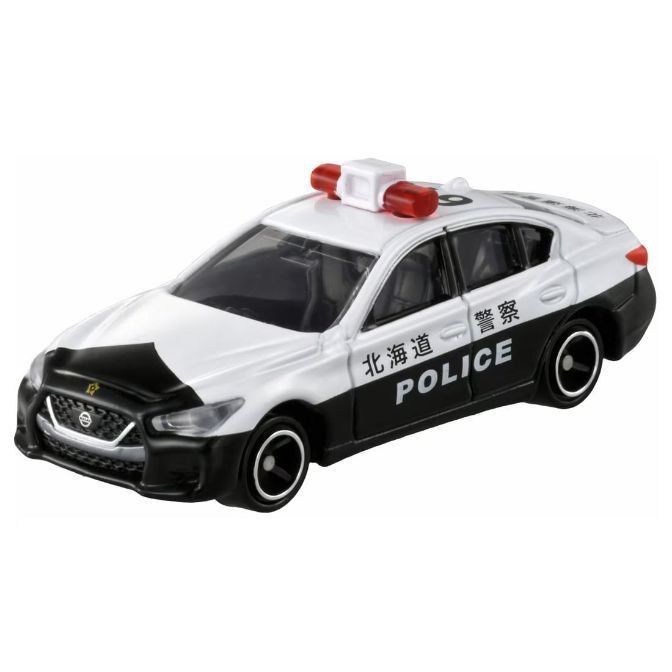 Toy Hokkaido police car with red and white lights on top, black and white paint job, and "POLICE" printed on the side.