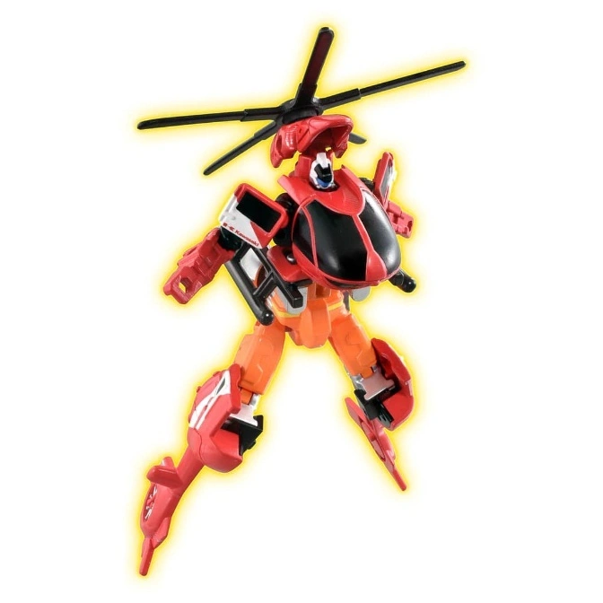  Red and orange helicopter transformer toy with spinning rotor blades.