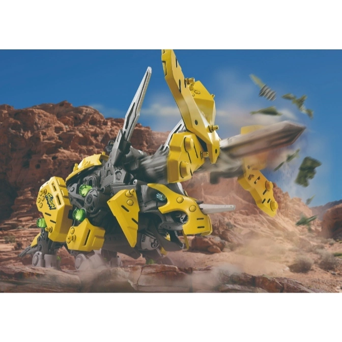  Yellow Zoid toy triceratops with spinning blades in a desert setting.