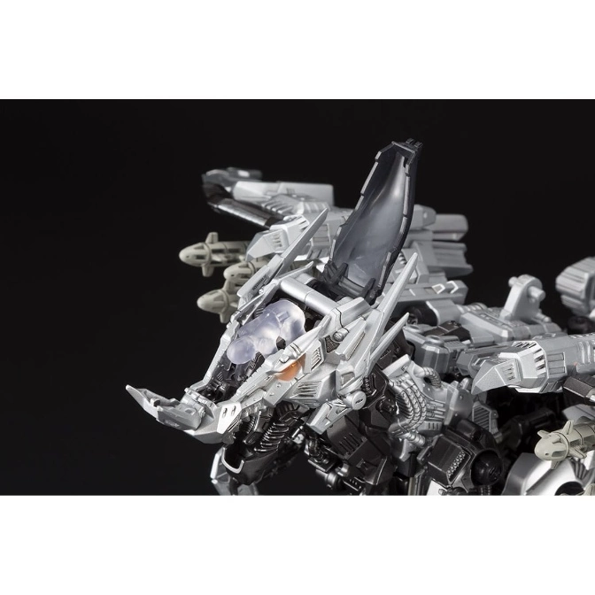  Gray Zoid toy with cockpit open, revealing pilot. Missiles are visible.