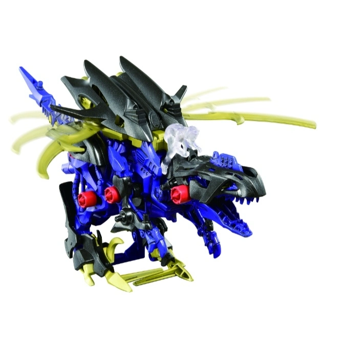 Blue and black dinosaur robot toy with red accents and gold blades.