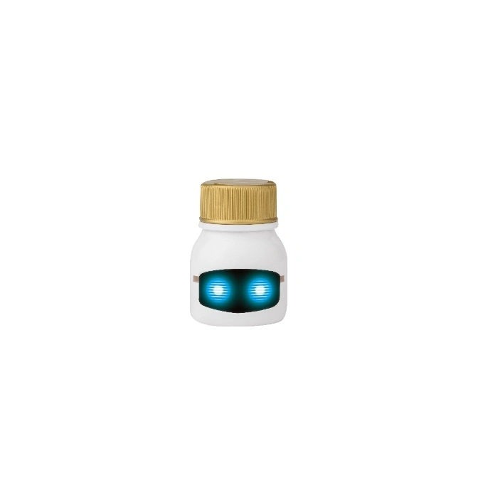  White toy bottle with gold cap and glowing blue eyes.