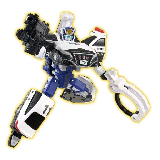  Police car transformer toy with gun and handcuff accessories, white and blue.