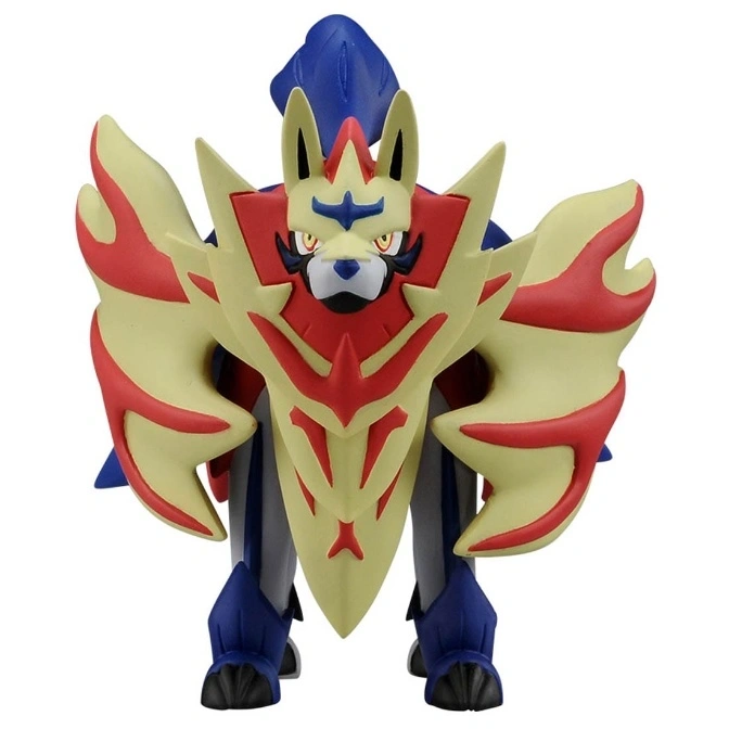  Zacian toy figurine with shield, yellow and red accents, blue legs and head.