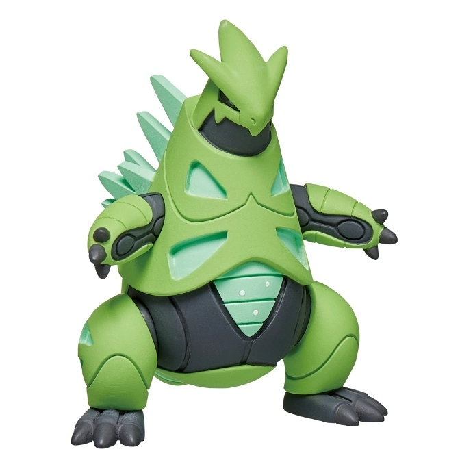  Green Tyranitar model kit with articulated limbs and spiky details, standing on a white background.