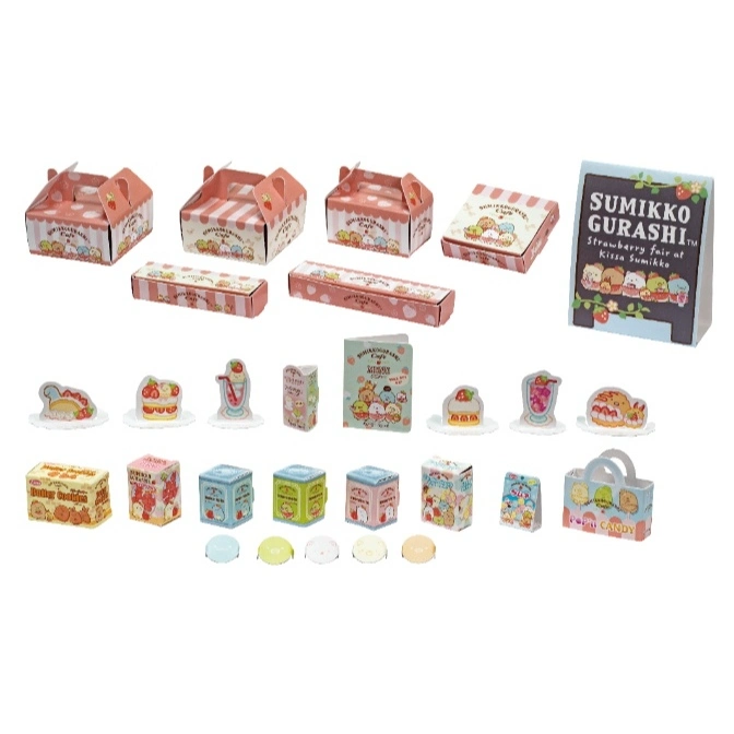  Sumikko Gurashi miniature strawberry cafe set with boxes, desserts, and menu board.