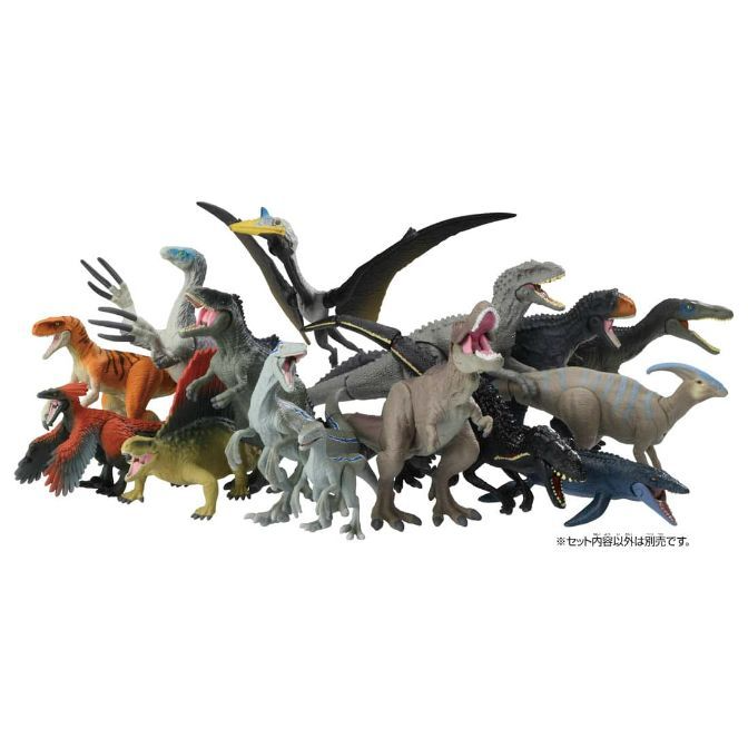 Collection of dinosaur toy figures in various poses and colors, including T-Rex, raptors, and pterodactyl.