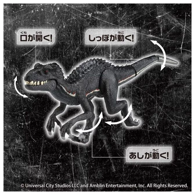  Black Indoraptor toy with articulated jaw, tail, and legs, demonstrating its movable parts.