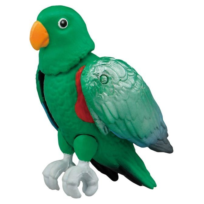  Green toy parrot with orange beak and white feet.