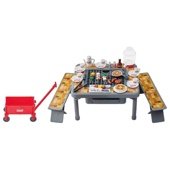  Toy picnic table with grill, food, dishes, and a red wagon. Pretend play set.