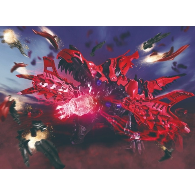  Red dinosaur robot toy firing a beam weapon, with explosions around it.