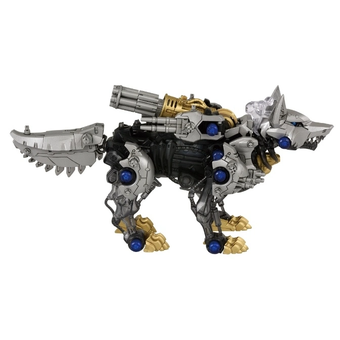  Silver robotic wolf toy with gold accents and a gun turret on its back.