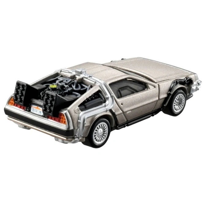  DeLorean toy car from Back to the Future with open rear showing engine and OUTATIME license plate.