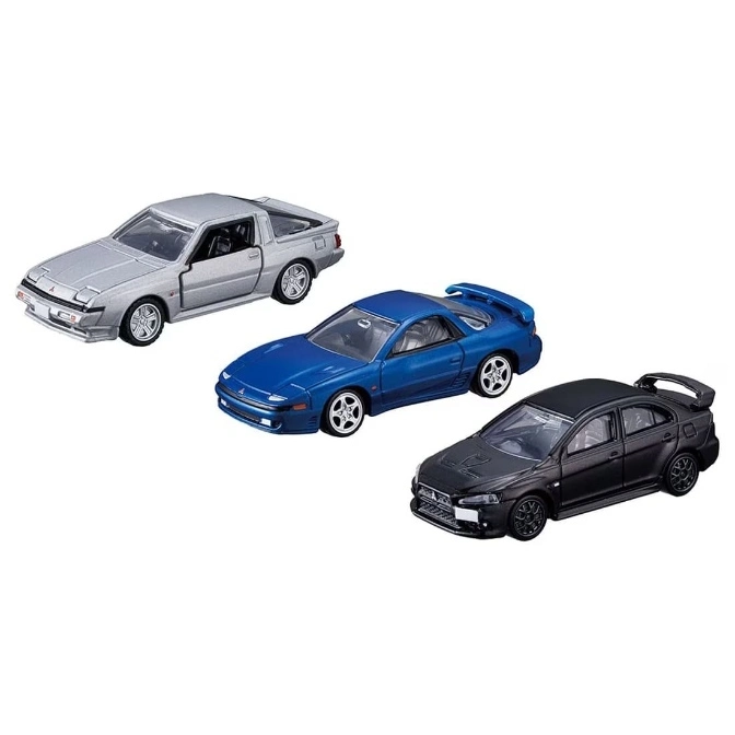 Three toy Mitsubishi cars: a silver Starion, a blue 3000GT, and a black Lancer Evolution.