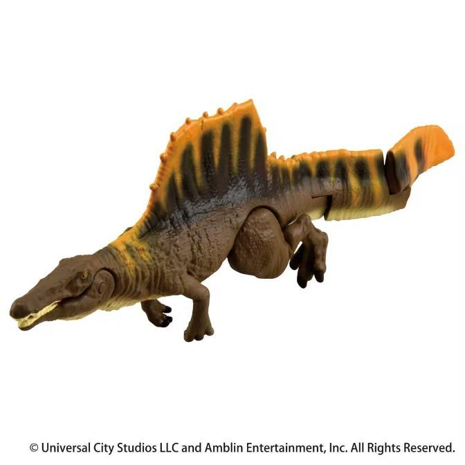  Spinosaurus toy with orange sail and brown body in a walking pose.