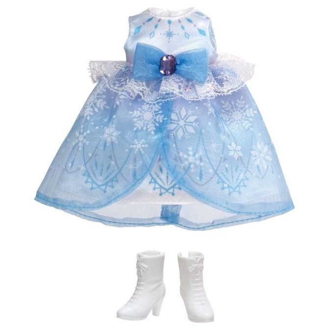 Elsa doll dress with snowflakes and white boots.