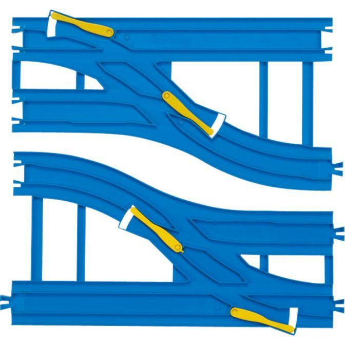 Two blue toy train tracks with yellow switches.