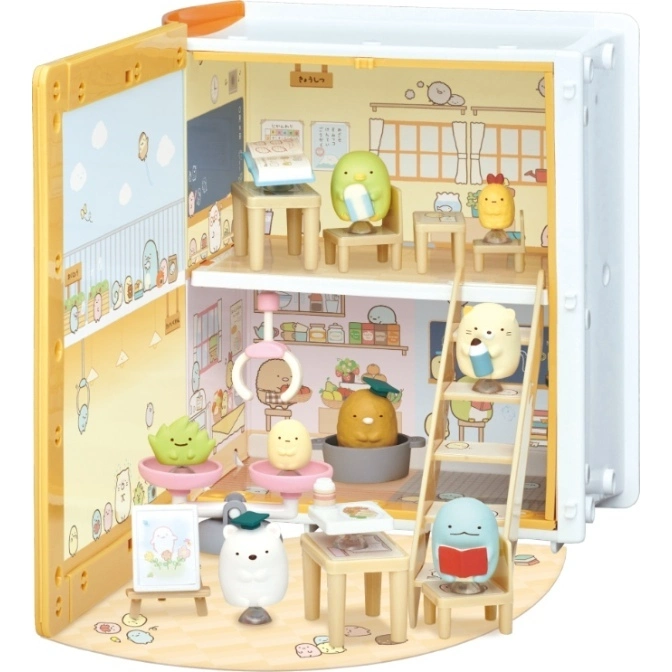 Sumikko Gurashi school playset with figures, furniture, and accessories in a book-shaped case.