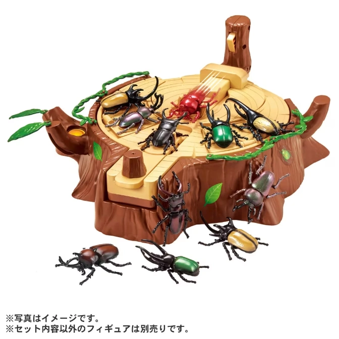 Beetle toy set on a tree stump base with various colorful beetle figures.