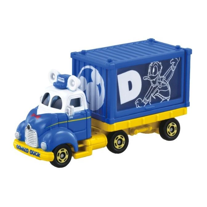Donald Duck toy truck with blue container and yellow base.
