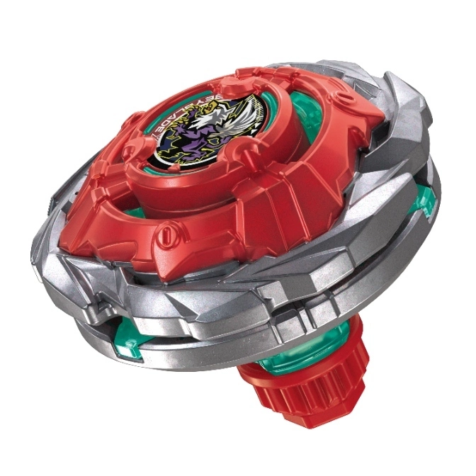  Red and silver Beyblade toy with a dragon emblem.