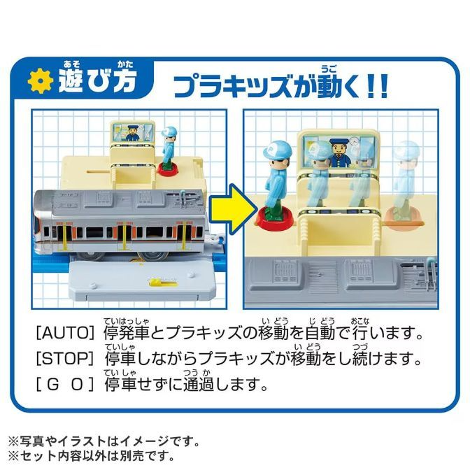  The image shows a toy train set with a station. The train is gray and has orange stripes. The station is beige and has a small screen that shows a person. There is a small blue toy figure standing on a red base. The image also includes text in Japanese that describes the different modes of the toy train set.